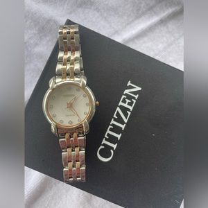 “Citizen” Eco-Drive rose gold and stainless women’s watch w/ 12 Diamond bezel